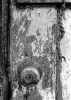 doorknob on peeling door, plasticized